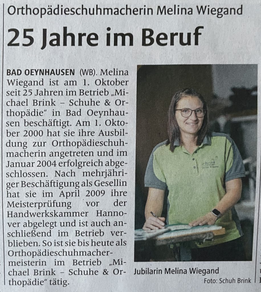 Zeitungsartikel vom 1.10.2025 mit dem Titel "Orthopädieschuhmacherin Melina Wiegand - 25 Jahre im Beruf"