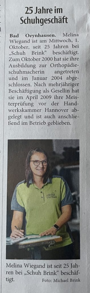 Zeitungsartikel vom 1.10.2025 mit dem Titel "5 Jahre im Schuhgeschäft"